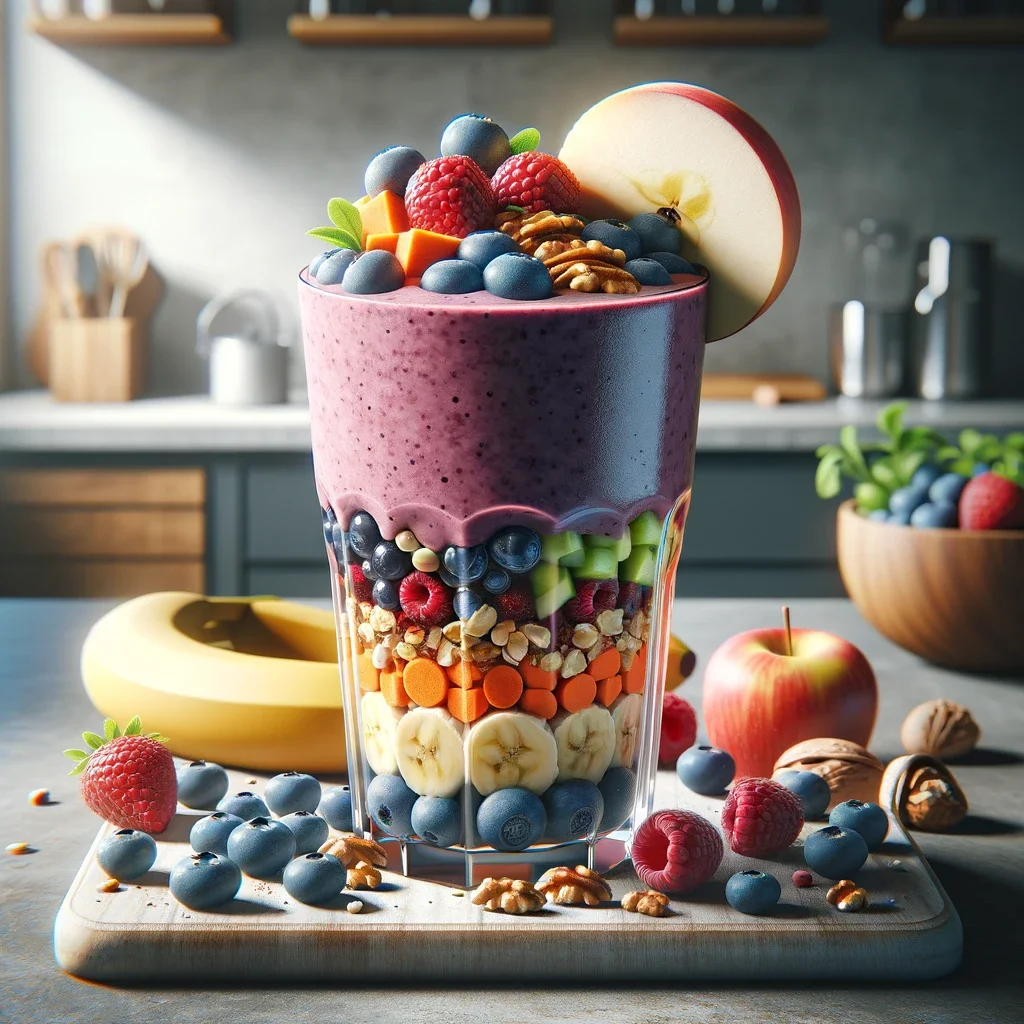 Beker gevuld met ingrediënten en een gedeelte smoothie op tafel omringd door fruit en noten.