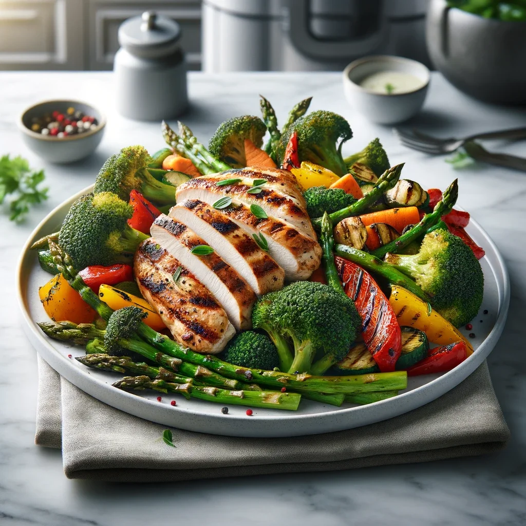 Smaakvol bord met gegrilde kip en gemengde groenteschotel.