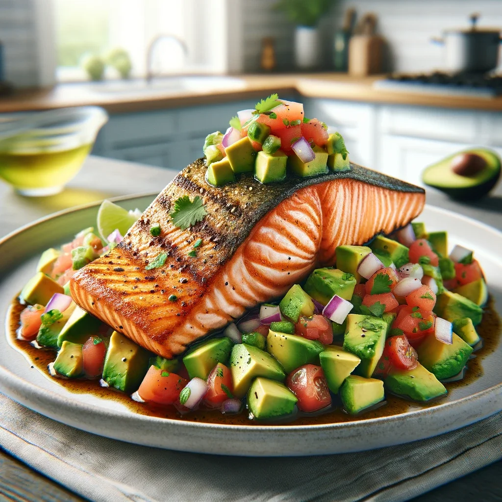 Bord met gegrilde zalm met avocado salsa op tafel in een moderne keuken.