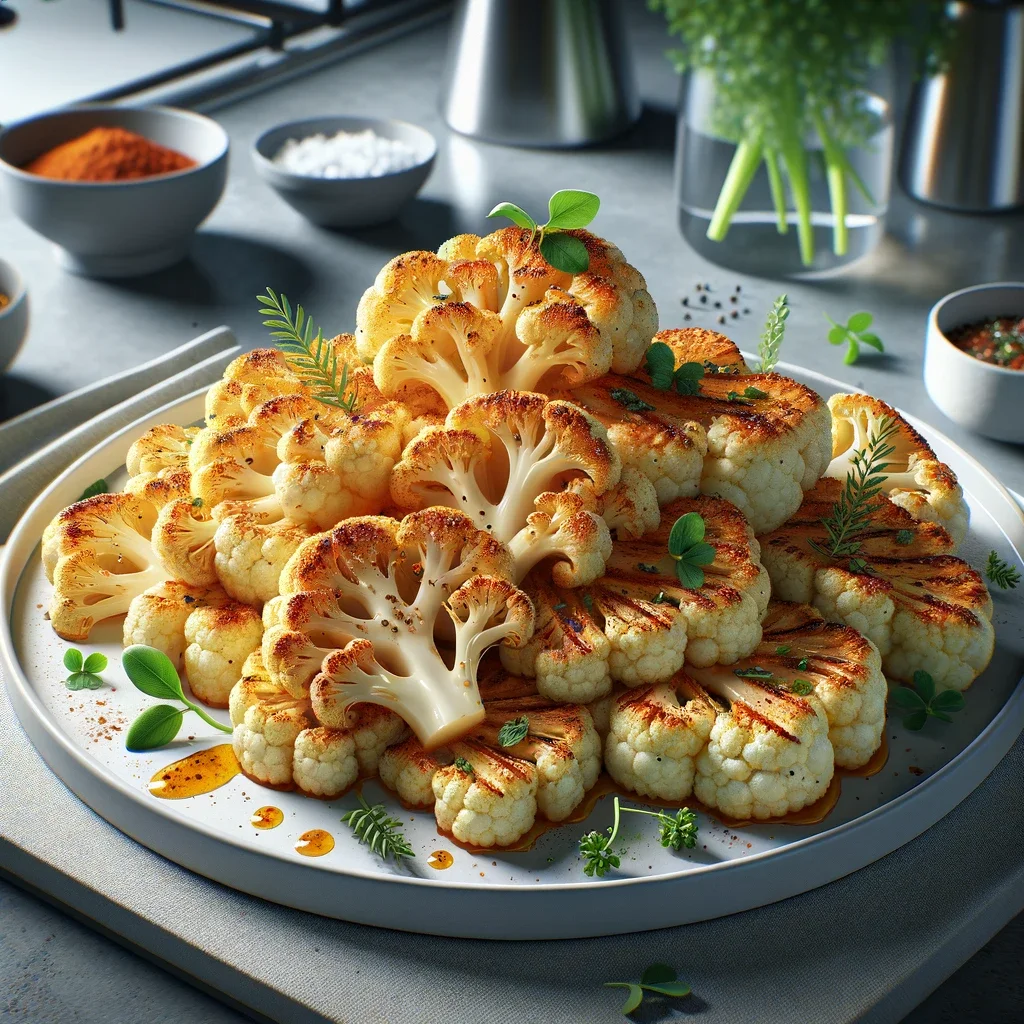 Bord met een stapel bloemkoolsteaks.