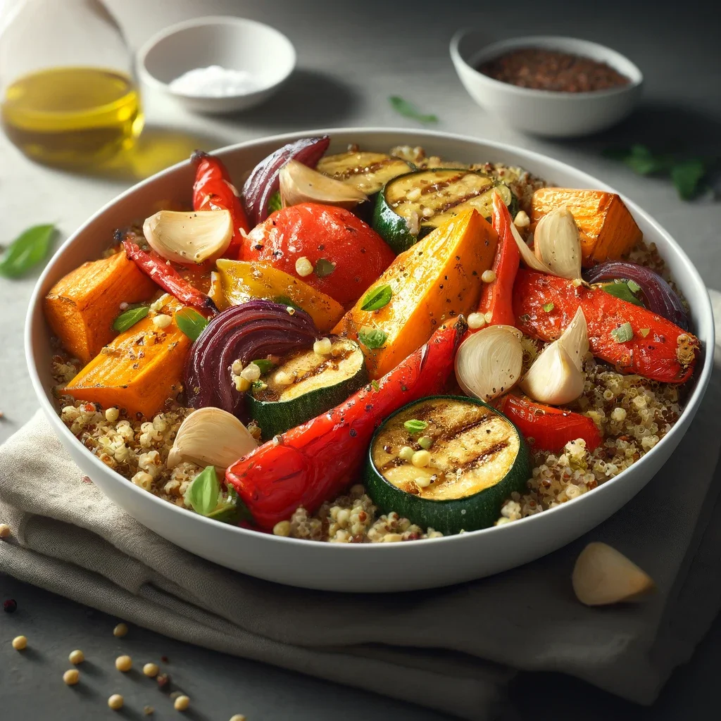 Kom met geroosterde groenten met quinoa op tafel met de ingrediënten en bestek op de achtergrond.