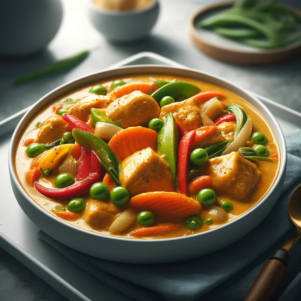 Een lekkere kom met Kip curry met kokosmelk en groenten.